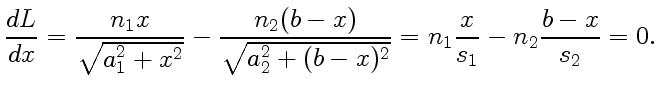 $\displaystyle {dL\over dx}={n_1x\over \sqrt{a_1^2+x^2}}-{n_2(b - x)\over\sqrt{a_2^2+(b-x)^2}}=n_1{x\over s_1}-n_2{b - x\over
s_2}= 0.$